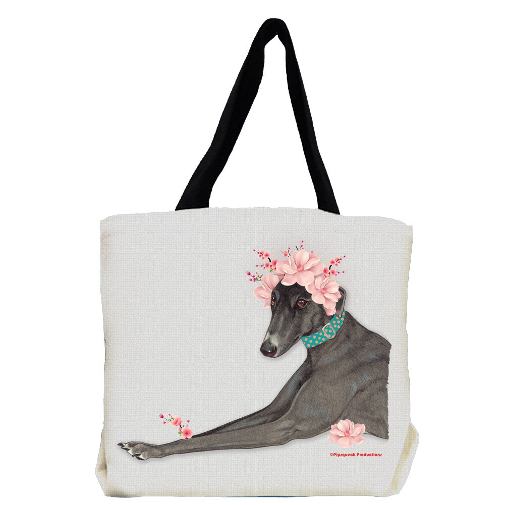 Greyhound Black Greyhound Dog with Flowers Tote Bag - Pipsqueakproductions
