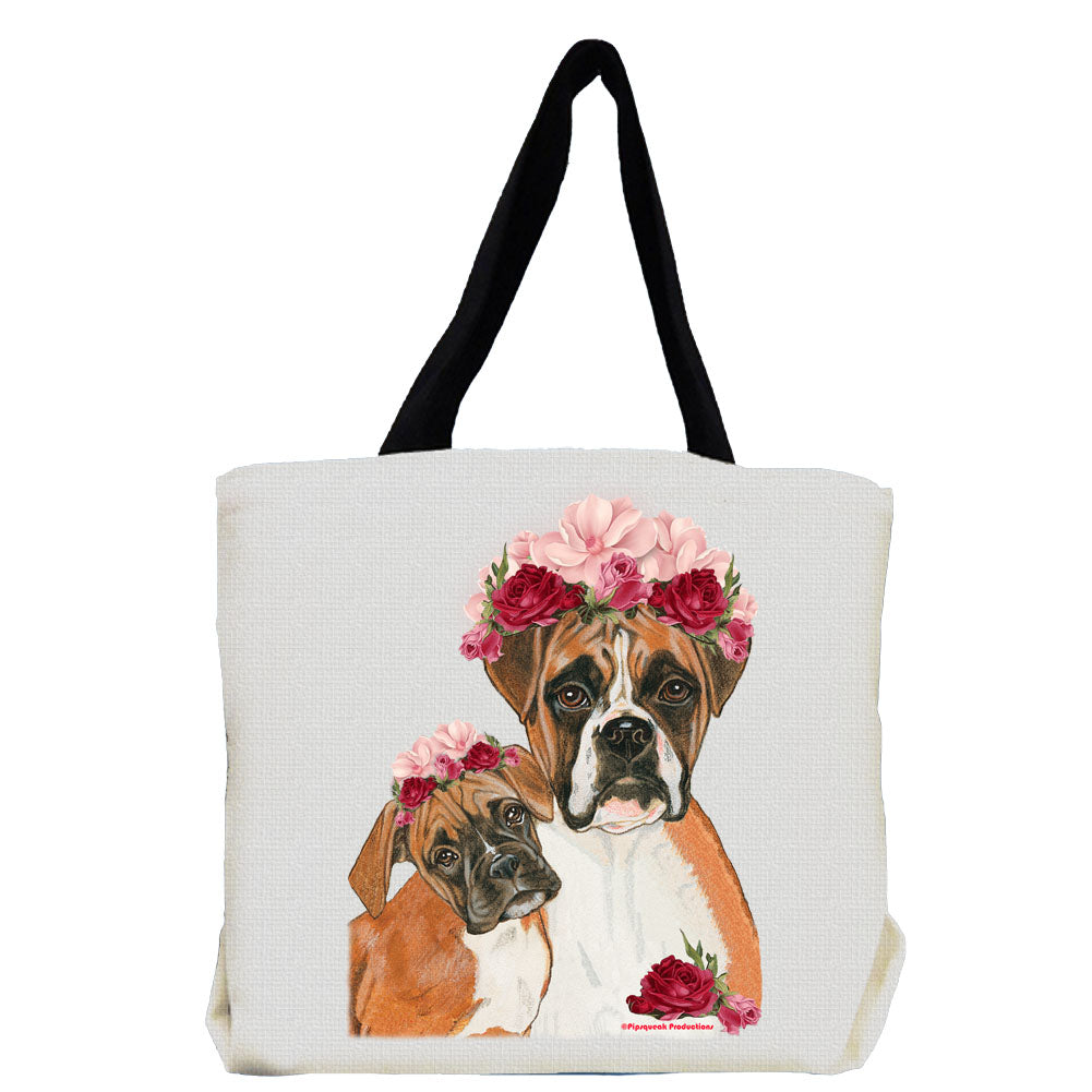 Boxer Dog with Flowers Tote Bag - Pipsqueakproductions