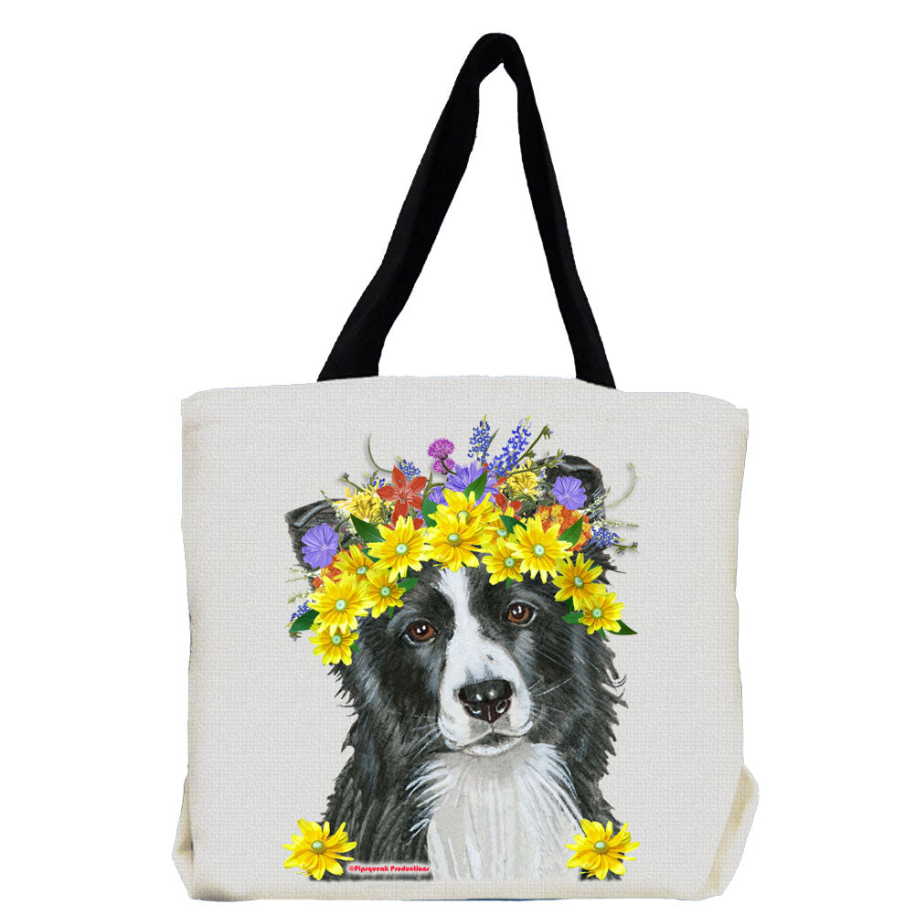 Border Collie Dog with Flowers Tote Bag - Pipsqueakproductions