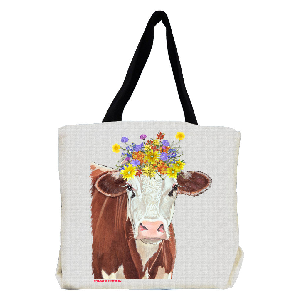 Cow Brown and White Hereford Cow Farm with Flowers Tote Bag - Pipsqueakproductions