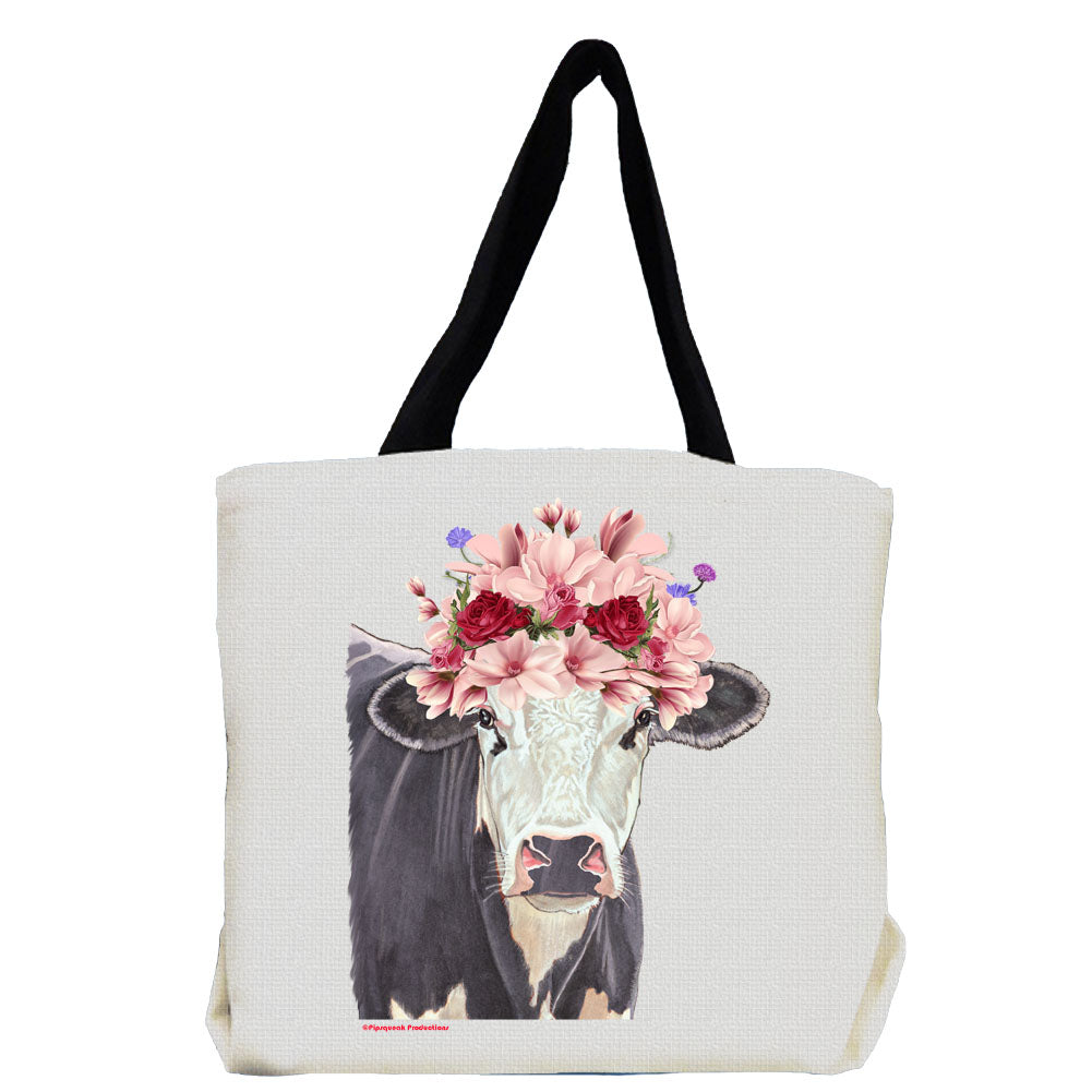 Cow Black and White Holstein Cow with Flowers Tote Bag - Pipsqueakproductions