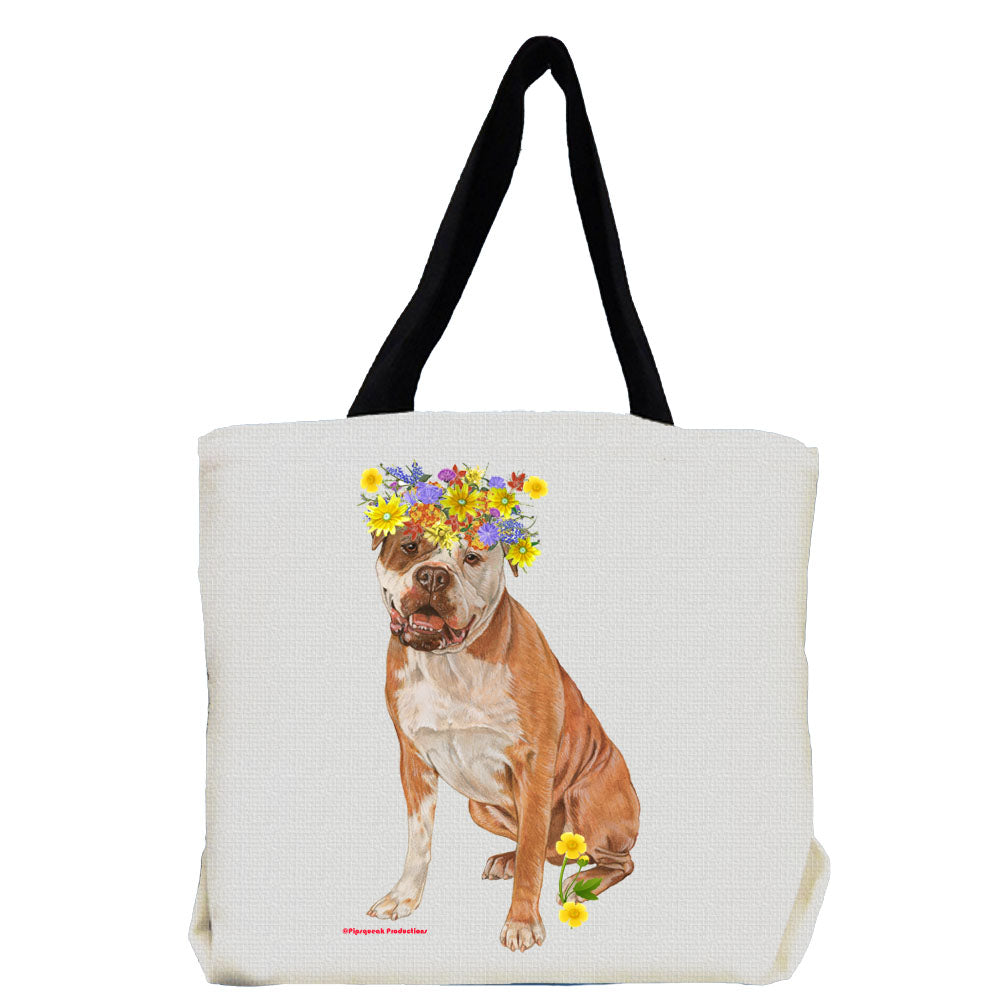 American Bulldog Dog with Flowers Tote Bag - Pipsqueakproductions