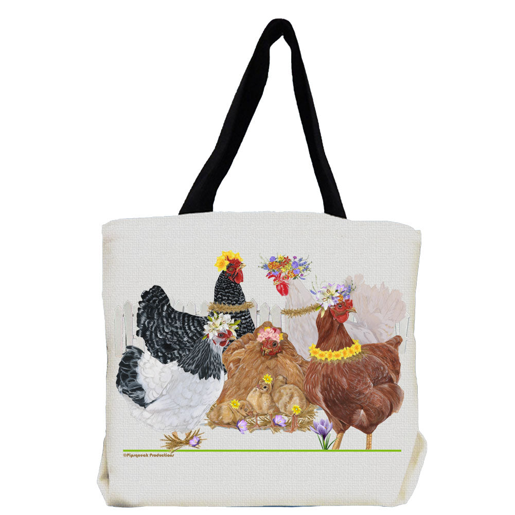 Chickens Mother Hens With Chicks with Flowers Tote Bag - Pipsqueakproductions