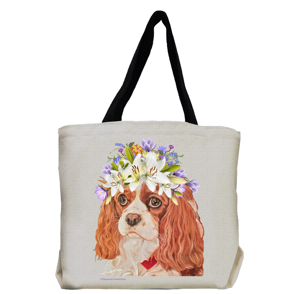 Cavalier King Charles Dog with Flowers Tote Bag - Pipsqueakproductions