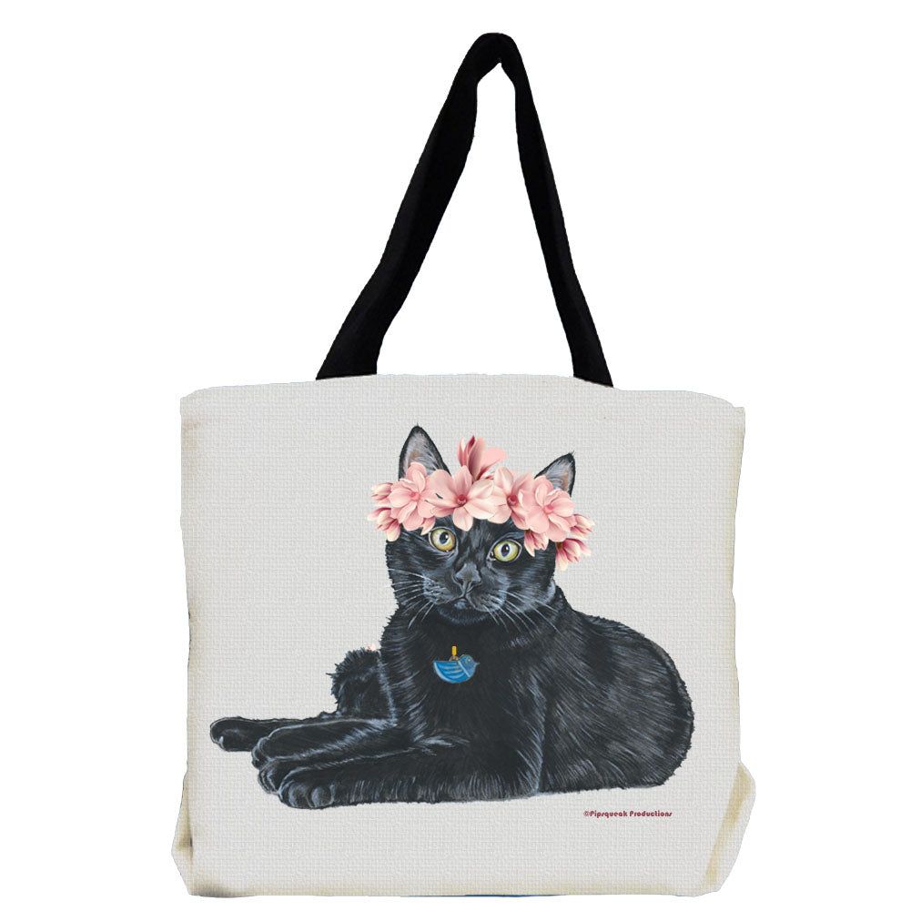 Black Cat with Flowers Tote Bag - Pipsqueakproductions
