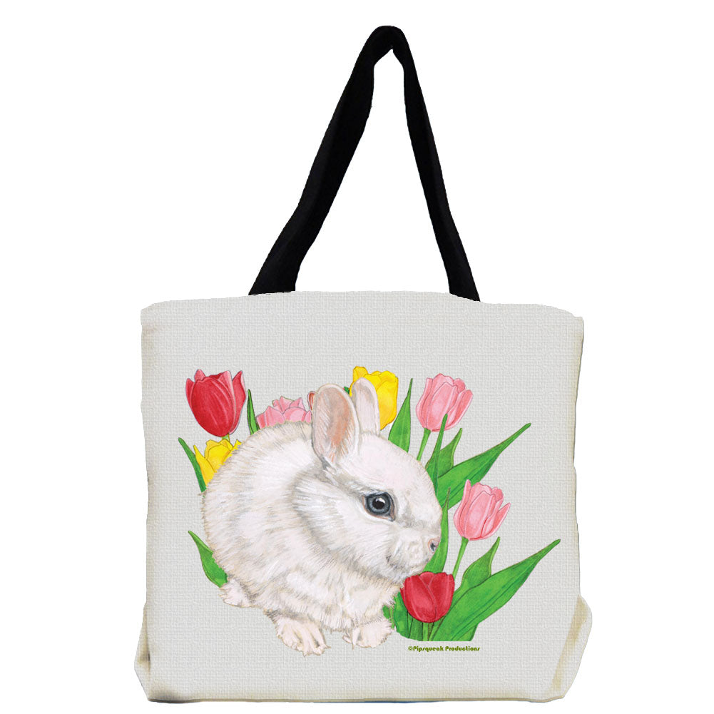 Bunny Dwarf White Rabbit with Flowers Tote Bag - Pipsqueakproductions