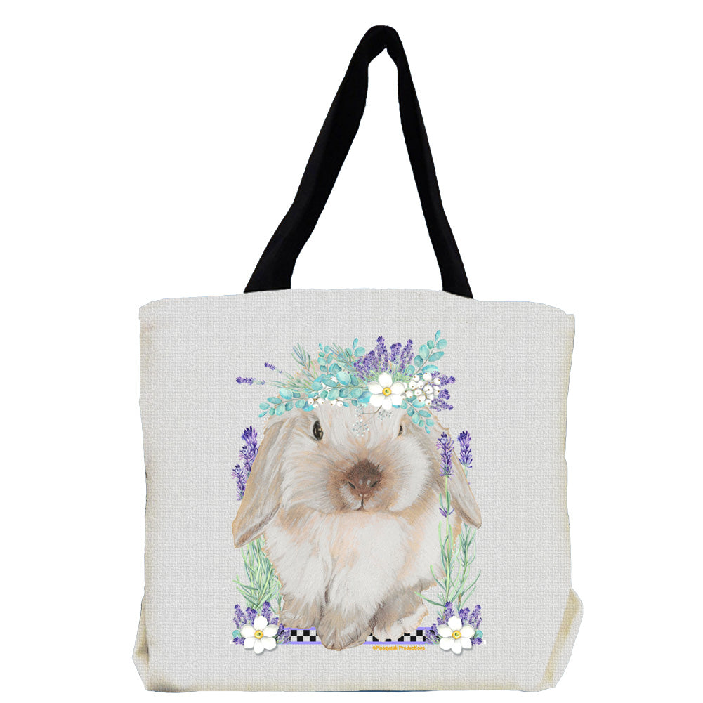 Bunny Floppy Eared Lop Eared Beige Rabbit with Lavender Flowers Tote Bag - Pipsqueakproductions