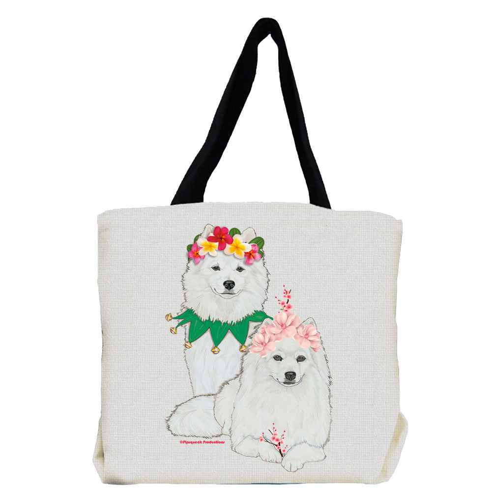 American Eskimo Eskie Dog with Flowers Tote Bag - Pipsqueakproductions