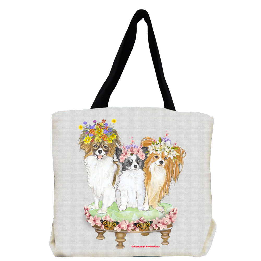 Papillon Dog with Flowers Tote Bag - Pipsqueakproductions