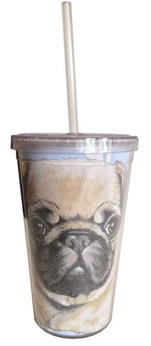 Pug Tumbler with Straw, Double Wall, 16 Ounces Acrylic Tumbler, BPA-Free - Pipsqueakproductions