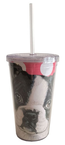 Boston Terrier Tumbler with Straw, Double Wall, 16 Ounces Acrylic Tumbler, BPA-Free - Pipsqueakproductions