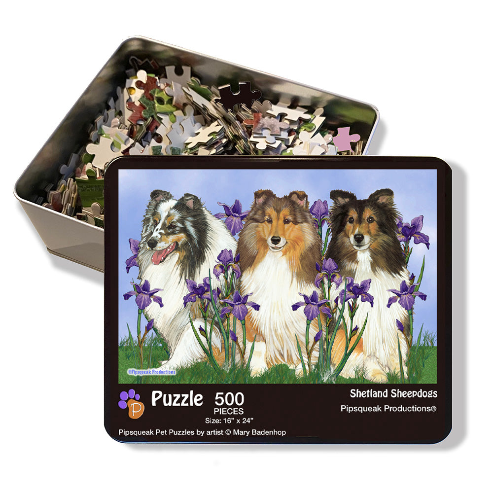 Shetland Sheepdog Jigsaw Puzzle, 500-piece with reusable Tin, from painting by Mary Badenhop, Art Puzzle, Cute Gifts for Sheltie Lovers - Pipsqueakproductions