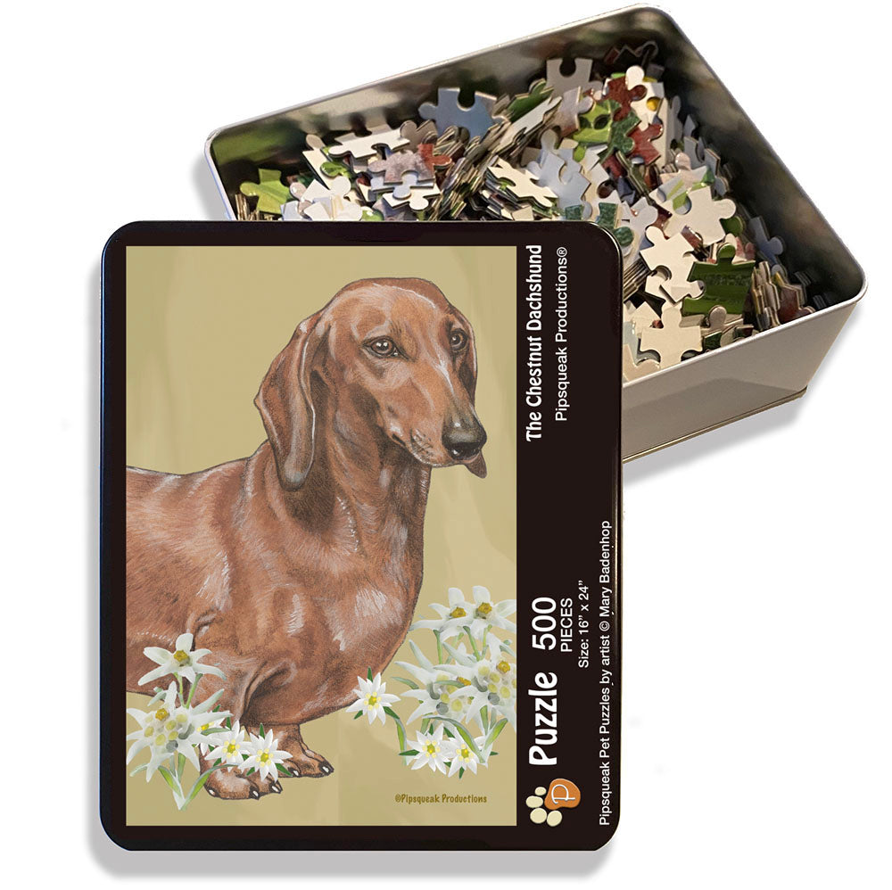 Dachshund Chestnut, Jigsaw Puzzle, 500-piece with reusable Tin, from painting by Mary Badenhop, Art Puzzle, Cute Gifts for Dog Lovers - Pipsqueakproductions