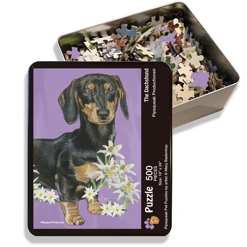 Dachshund Black and Tan, Jigsaw Puzzle, 500-piece with reusable Tin, from painting by Mary Badenhop, Art Puzzle, Cute Gifts for Dog Lovers - Pipsqueakproductions