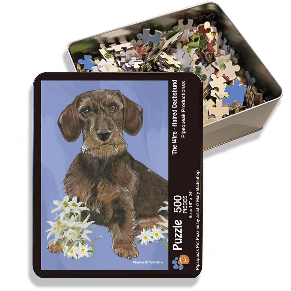 Dachshund Wired-Haired, Jigsaw Puzzle, 500-piece with reusable Tin, from painting by Mary Badenhop, Art Puzzle, Cute Gifts for Dog Lovers - Pipsqueakproductions