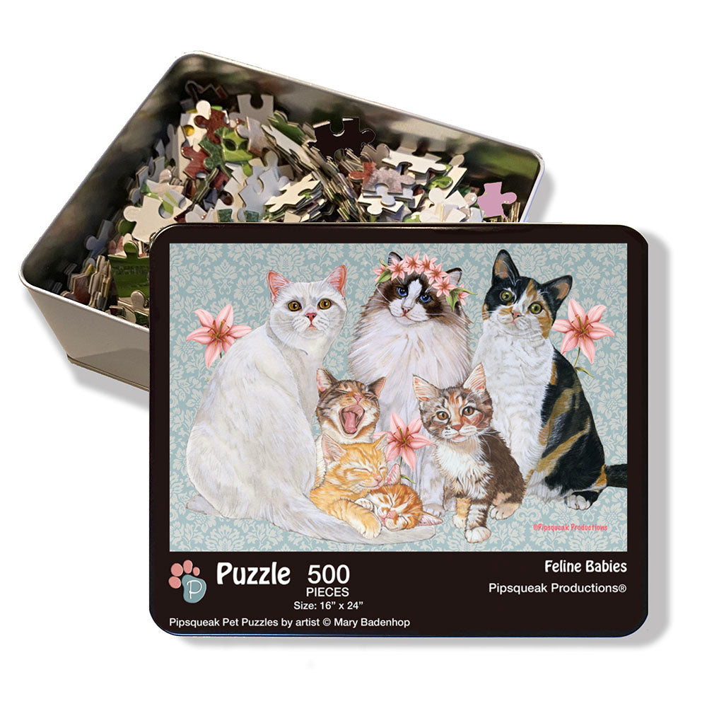 Cats Feline Babies Jigsaw Puzzle, 500-piece with reusable Tin, from painting by Mary Badenhop, Art Puzzle, Cute Gifts for Cat Lovers - Pipsqueakproductions