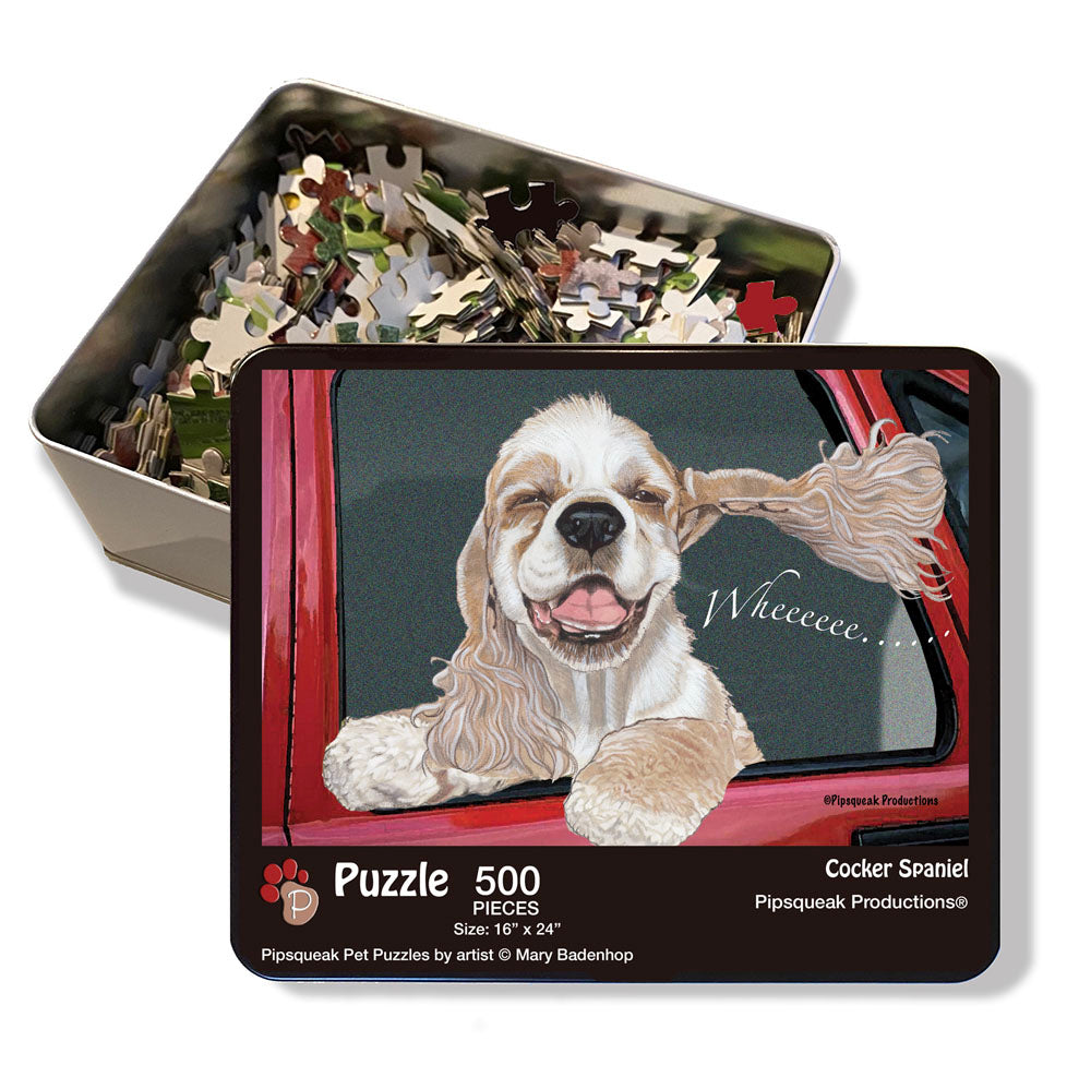 Cocker Spaniel Jigsaw Puzzle, 500-piece with reusable Tin, from painting by Mary Badenhop, Art Puzzle, Cute Gifts for Dog Lovers - Pipsqueakproductions