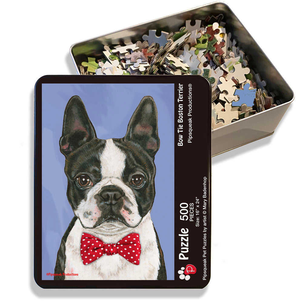 Boston Terrier Jigsaw Puzzle, 500-piece with reusable Tin, from painting by Mary Badenhop, Art Puzzle, Cute Gifts for Dog Lovers