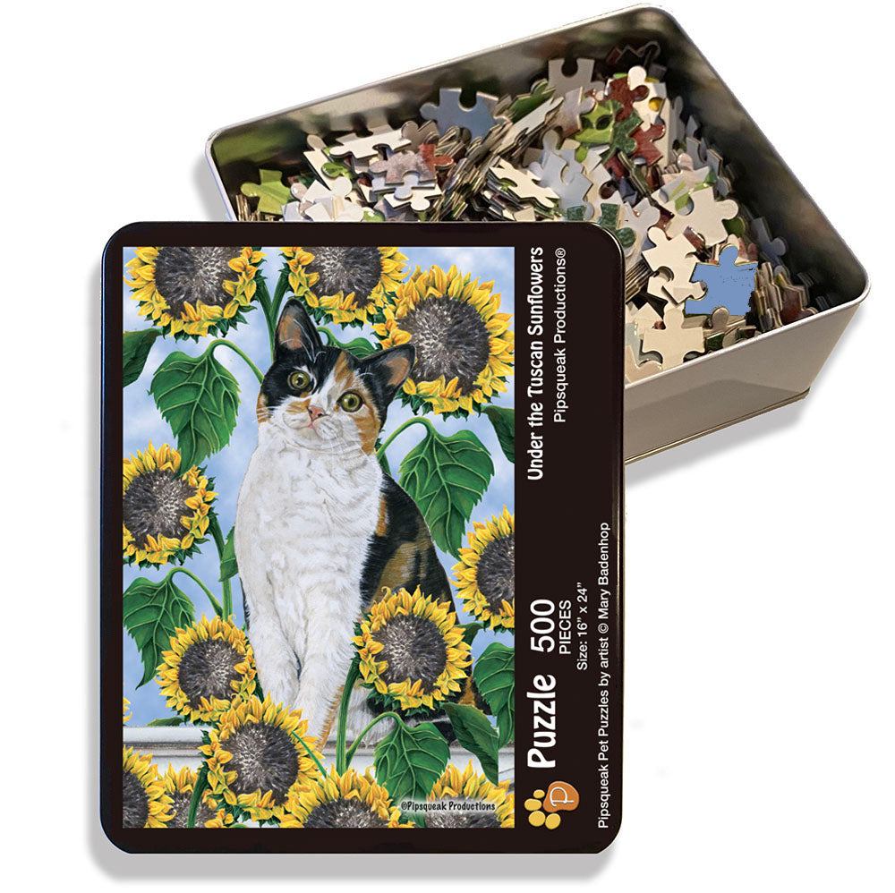 Calico Cat Jigsaw Puzzle, 500-piece with reusable Tin, from painting by Mary Badenhop, Art Puzzle, Cute Gifts for Feline Lovers