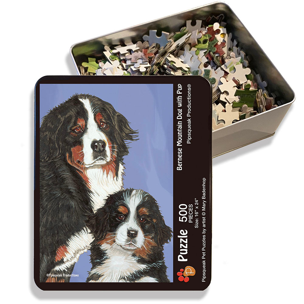 Bernese Mountain Dog Jigsaw Puzzle, 500-piece with reusable Tin, from painting by Mary Badenhop, Art Puzzle, Cute Gifts for Dog Lovers