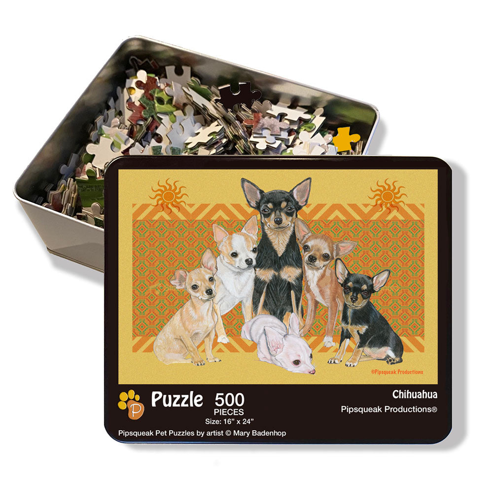 Chihuahua Jigsaw Puzzle, 500-piece with reusable Tin, from painting by Mary Badenhop, Art Puzzle, Cute Gifts for Dog Lovers - Pipsqueakproductions