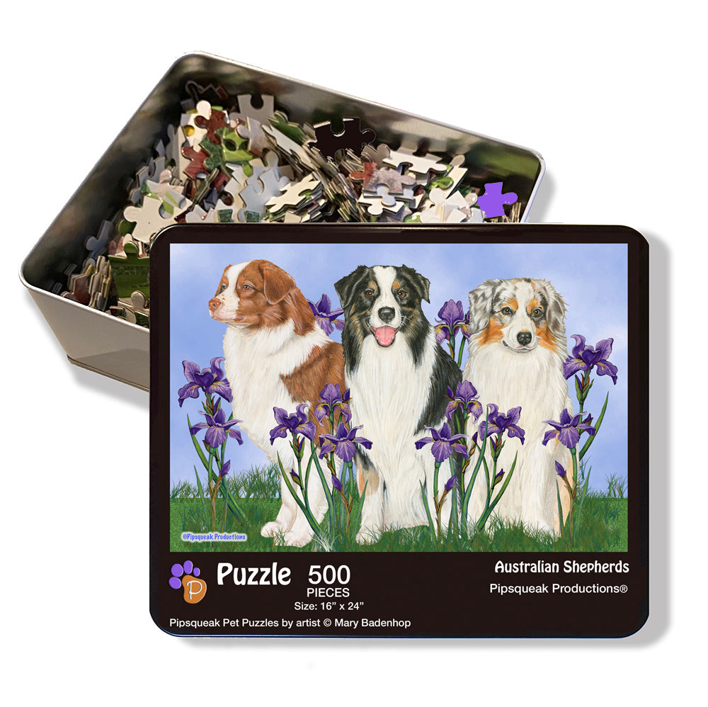 Australian Shepherd Jigsaw Puzzle, 500-piece with reusable Tin, from painting by Mary Badenhop, Art Puzzle, Cute Gifts for Aussie Lovers