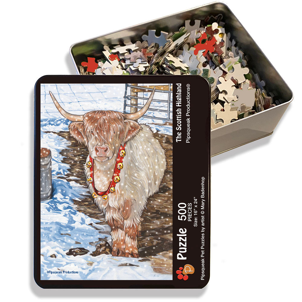 Scottish Highland Jigsaw Puzzle, 500-piece with reusable Tin, from painting by Mary Badenhop, Art Puzzle, Cute Gifts for Cow Lovers - Pipsqueakproductions