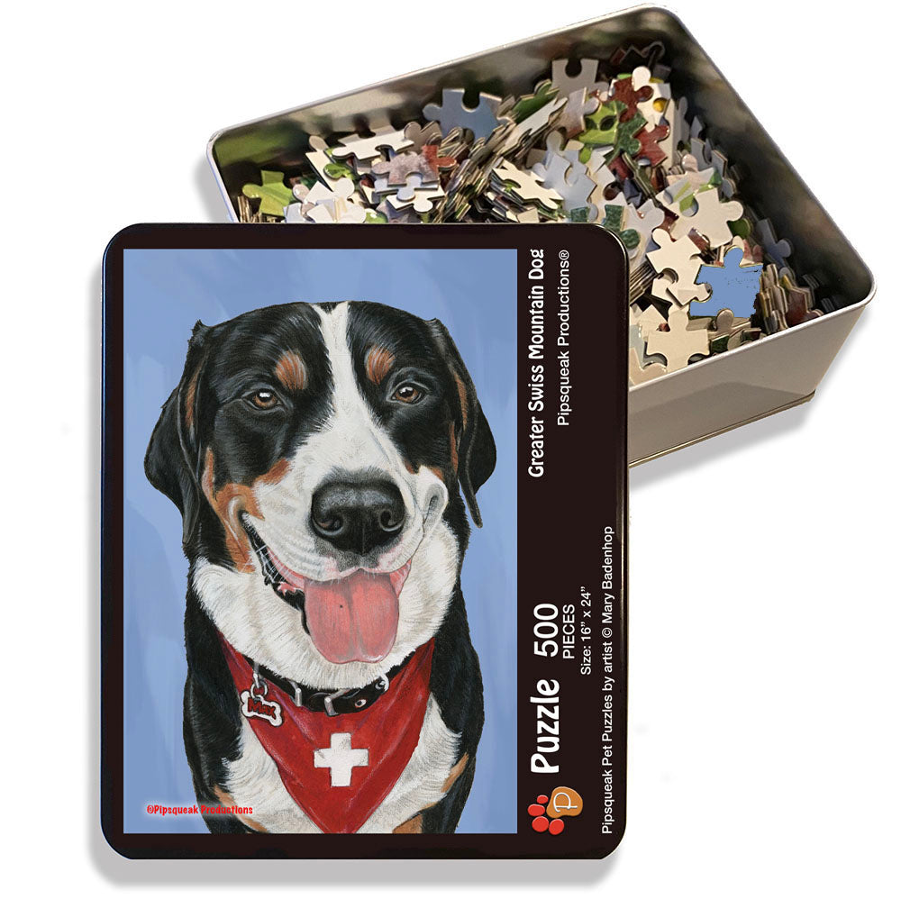 Greater Swiss Mountain Dog Jigsaw Puzzle, 500-piece with reusable Tin, from painting by Mary Badenhop, Art Puzzle, Cute Gifts for Dog Lovers - Pipsqueakproductions