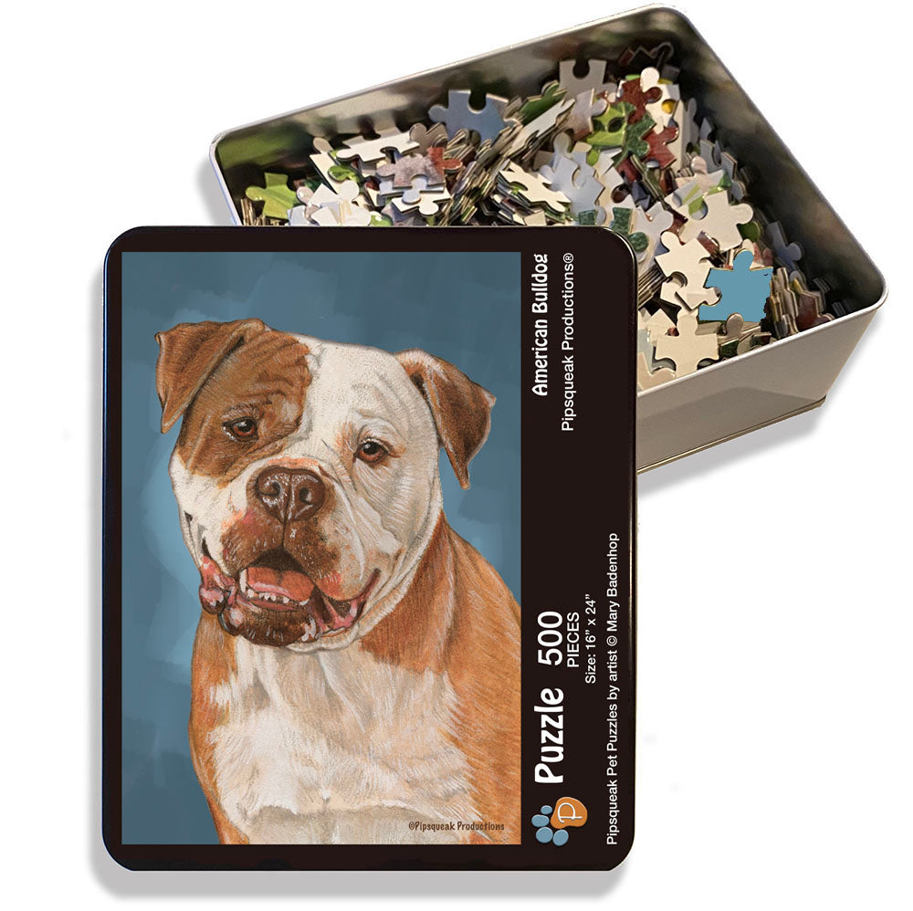 American Bulldog Jigsaw Puzzle, 500-piece with reusable Tin, from painting by Mary Badenhop, Art Puzzle, Cute Gifts for Dog Lovers