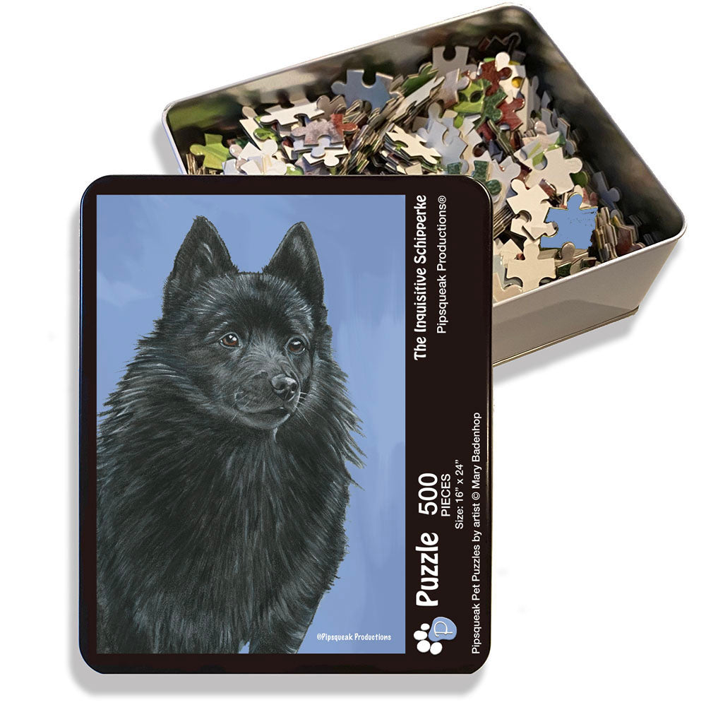 Schipperke Jigsaw Puzzle, 500-piece with reusable Tin, from painting by Mary Badenhop, Art Puzzle, Cute Gifts for Dog Lovers - Pipsqueakproductions
