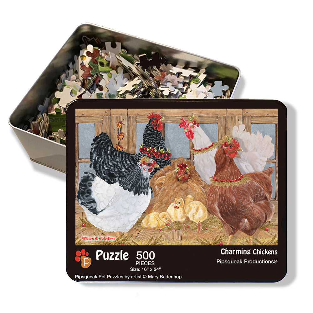 Chicken Group Jigsaw Puzzle, 500-piece with reusable Tin, from painting by Mary Badenhop, Art Puzzle, Cute Gifts for Chicken Lovers - Pipsqueakproductions