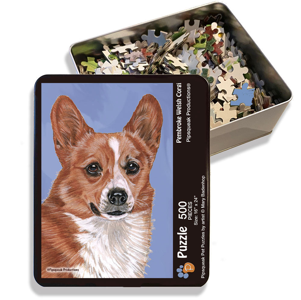 Corgi Pembroke Welsh Jigsaw Puzzle, 500-piece with reusable Tin, from painting by Mary Badenhop, Art Puzzle, Cute Gifts for Dog Lovers - Pipsqueakproductions