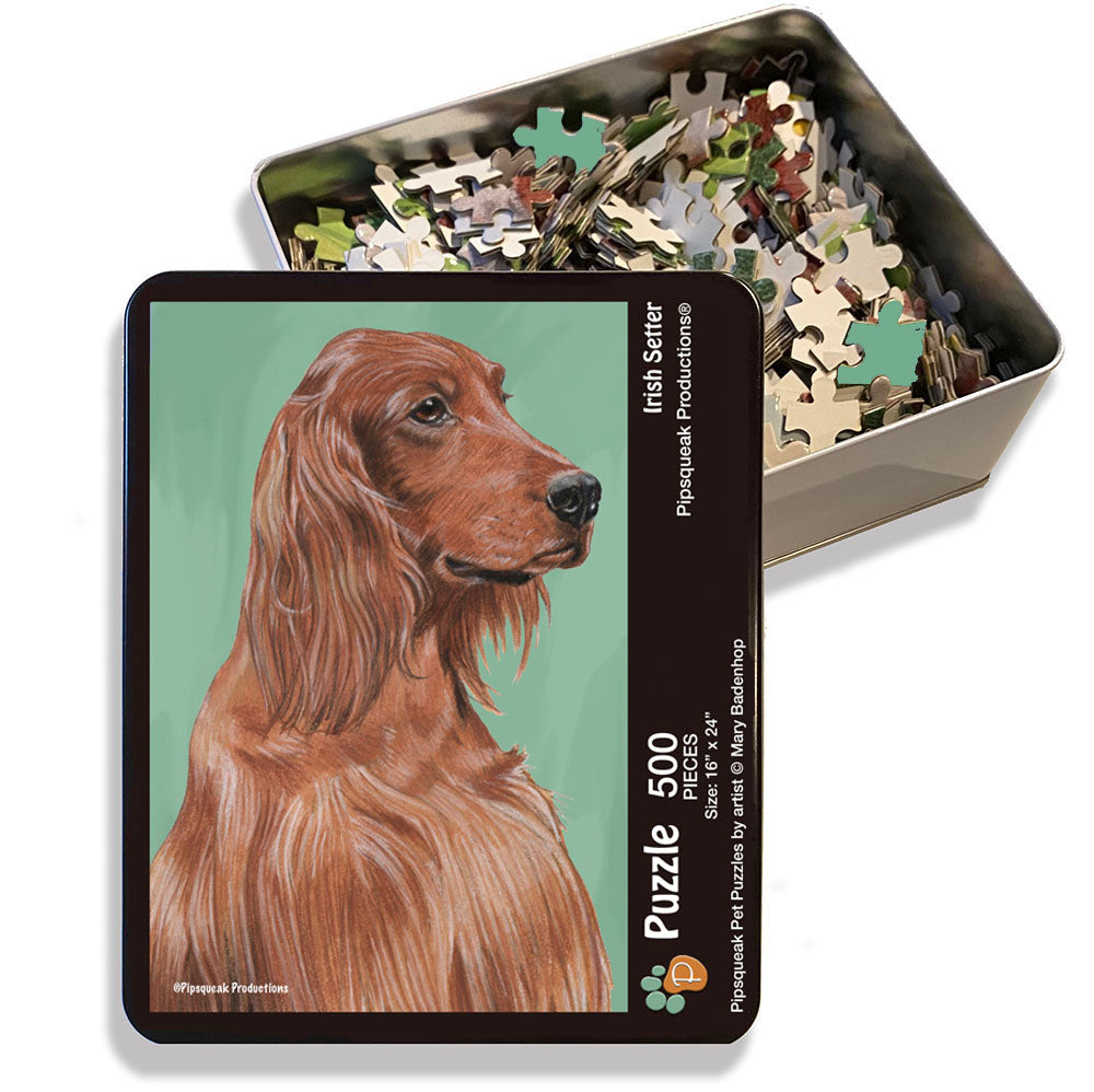 Irish Setter Jigsaw Puzzle, 500-piece with reusable Tin, from painting by Mary Badenhop, Art Puzzle, Cute Gifts for Dog Lovers - Pipsqueakproductions