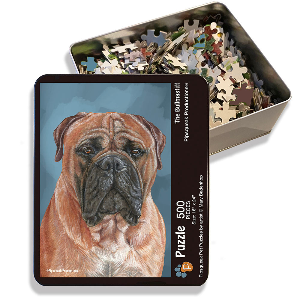Bullmastiff Jigsaw Puzzle, 500-piece with reusable Tin, from painting by Mary Badenhop, Art Puzzle, Cute Gifts for Dog Lovers