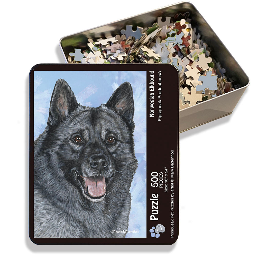 Norwegian Elkhound Jigsaw Puzzle, 500-piece with reusable Tin, from painting by Mary Badenhop, Art Puzzle, Cute Gifts for Dog Lovers - Pipsqueakproductions