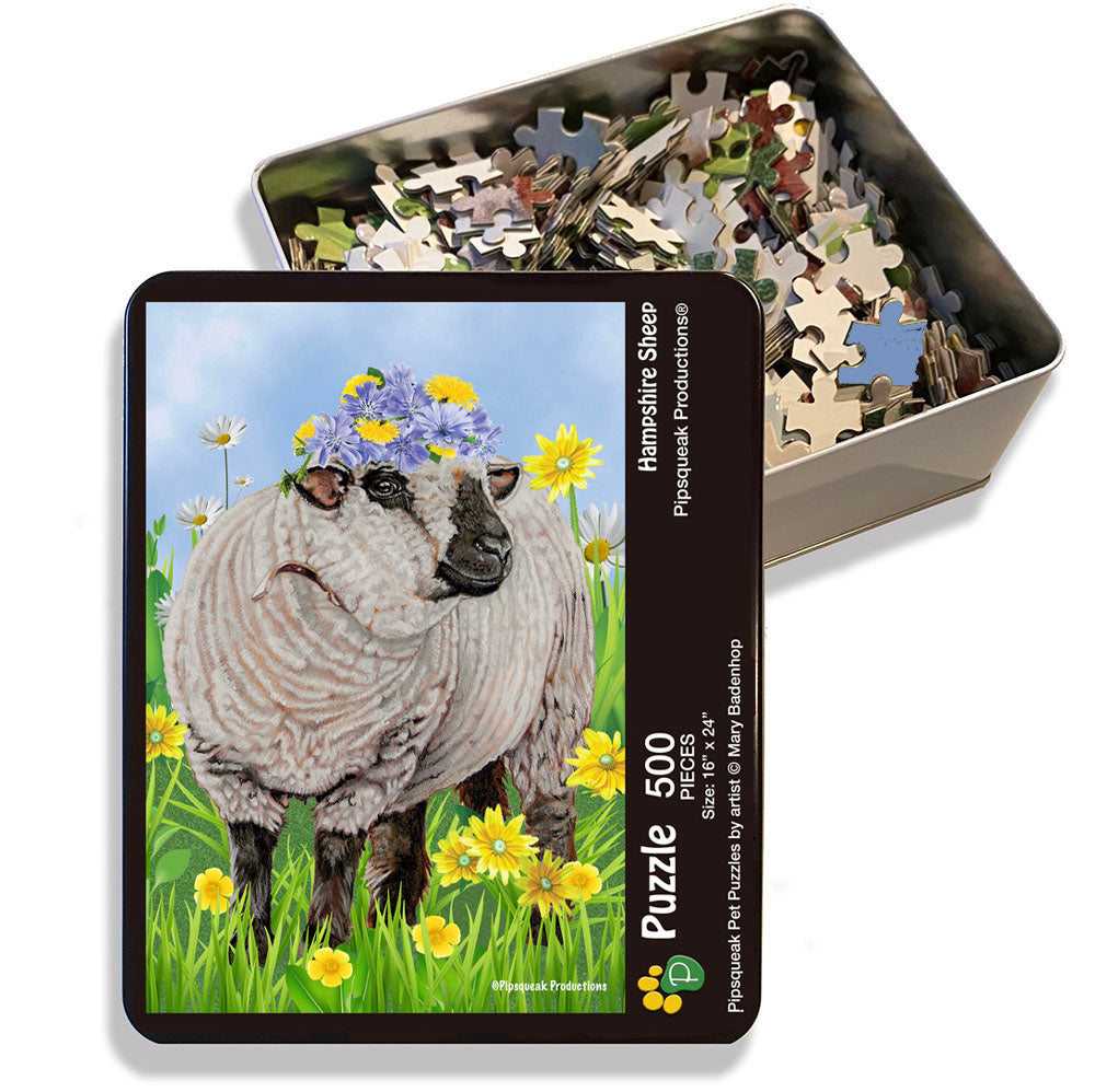 Hampshire Sheep Jigsaw Puzzle, 500-piece with reusable Tin, from painting by Mary Badenhop, Art Puzzle, Cute Gifts for Farm Lovers - Pipsqueakproductions