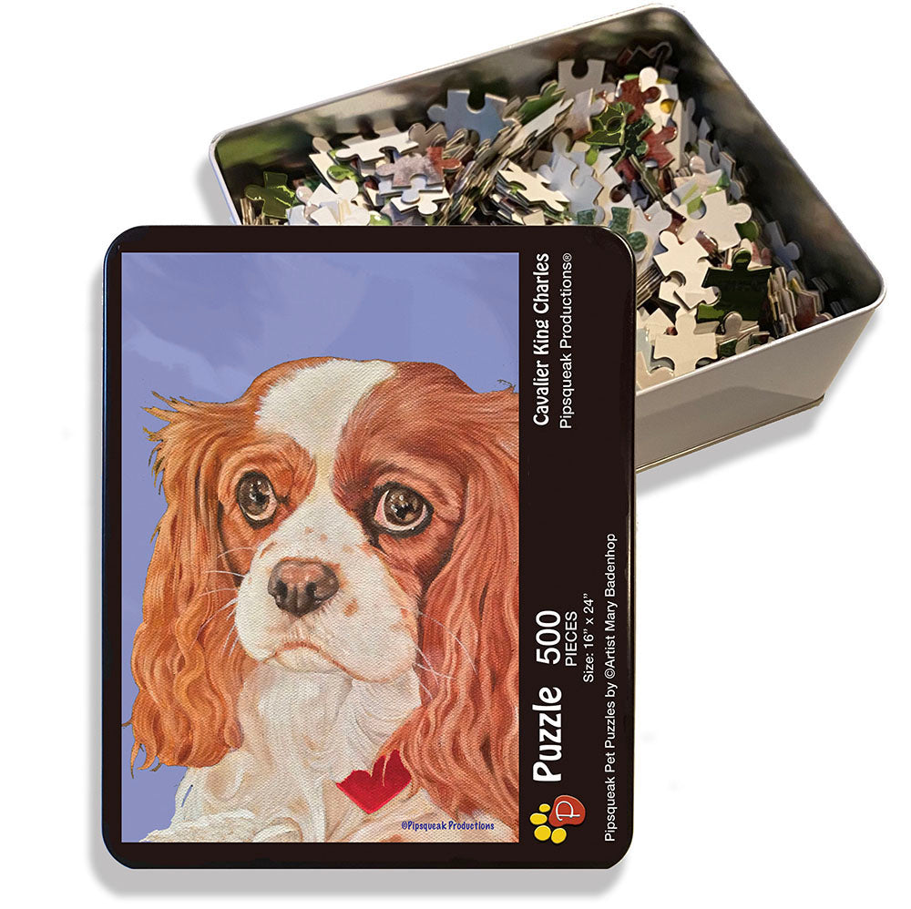Cavalier King Charles Jigsaw Puzzle, 500-piece with reusable Tin, from painting by Mary Badenhop, Art Puzzle, Cute Gifts for Dog Lovers - Pipsqueakproductions