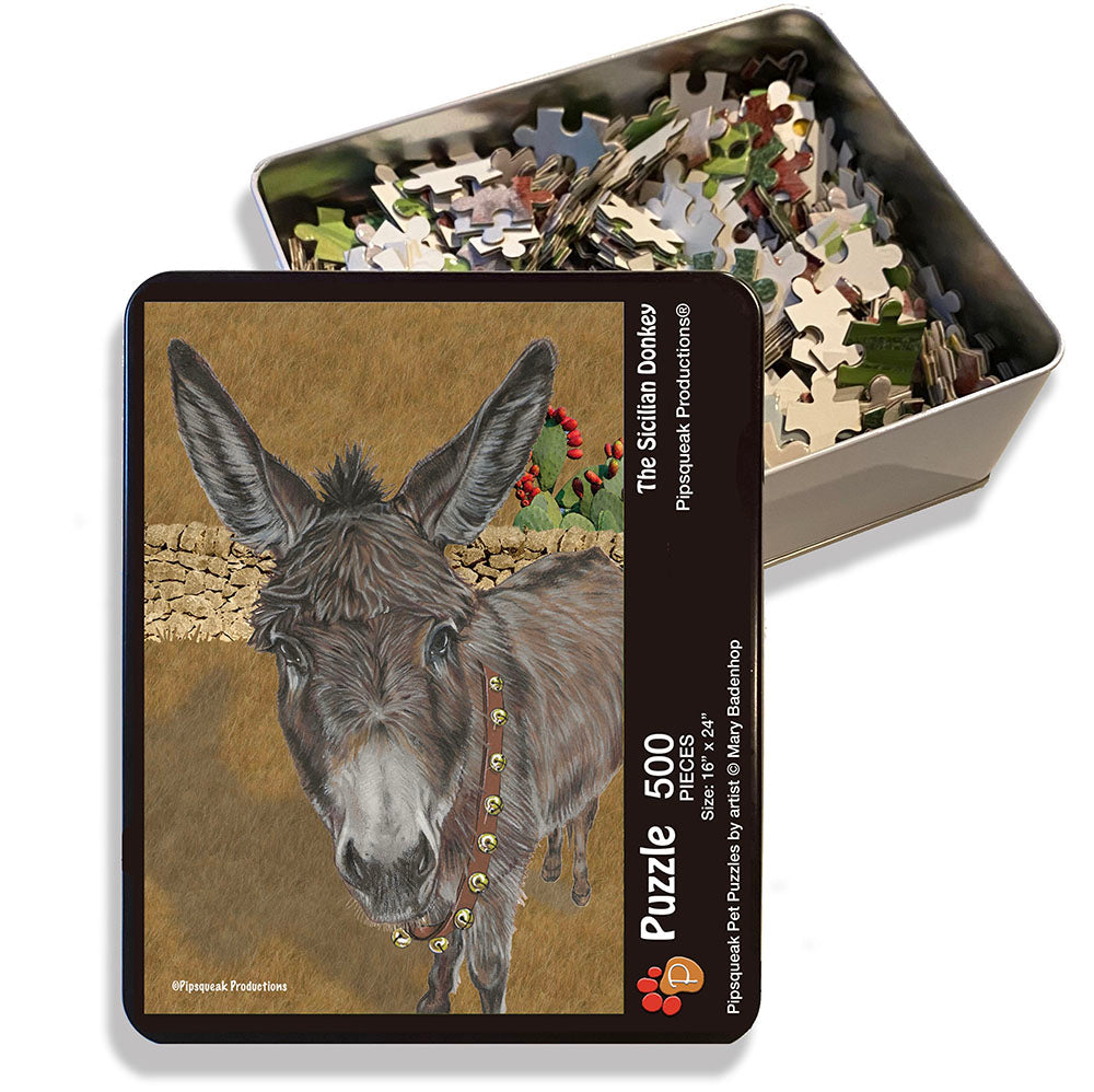 Donkey Jigsaw Puzzle, 500-piece with reusable Tin, from painting by Mary Badenhop, Art Puzzle, Cute Gifts for Pet Lovers - Pipsqueakproductions