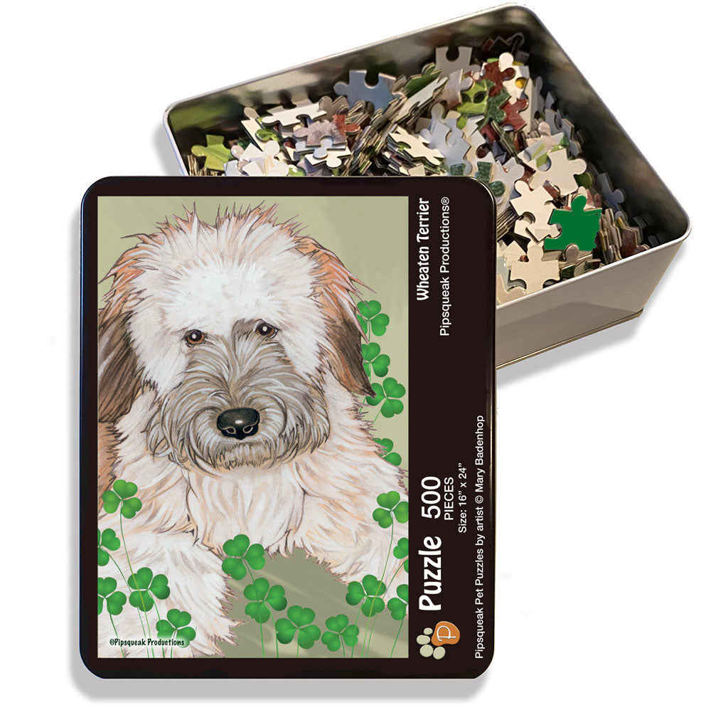 Wheaten Terrier Jigsaw Puzzle, 500-piece with reusable Tin, from painting by Mary Badenhop, Art Puzzle, Cute Gifts for Dog Lovers - Pipsqueakproductions