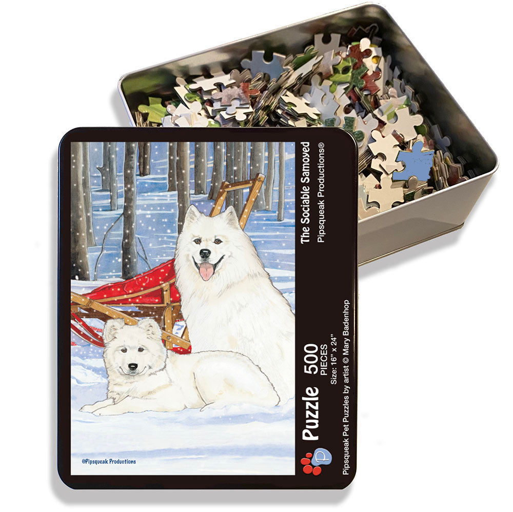Samoyed Jigsaw Puzzle, 500-piece with reusable Tin, from painting by Mary Badenhop, Art Puzzle, Cute Gifts for Dog Lovers - Pipsqueakproductions