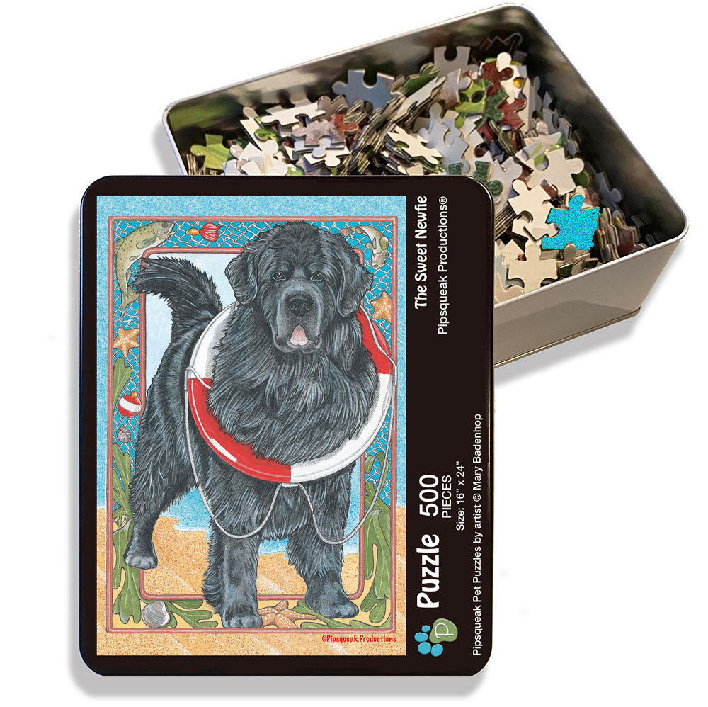 Newfoundland Jigsaw Puzzle, 500-piece with reusable Tin, from painting by Mary Badenhop, Art Puzzle, Cute Gifts for Dog Lovers - Pipsqueakproductions