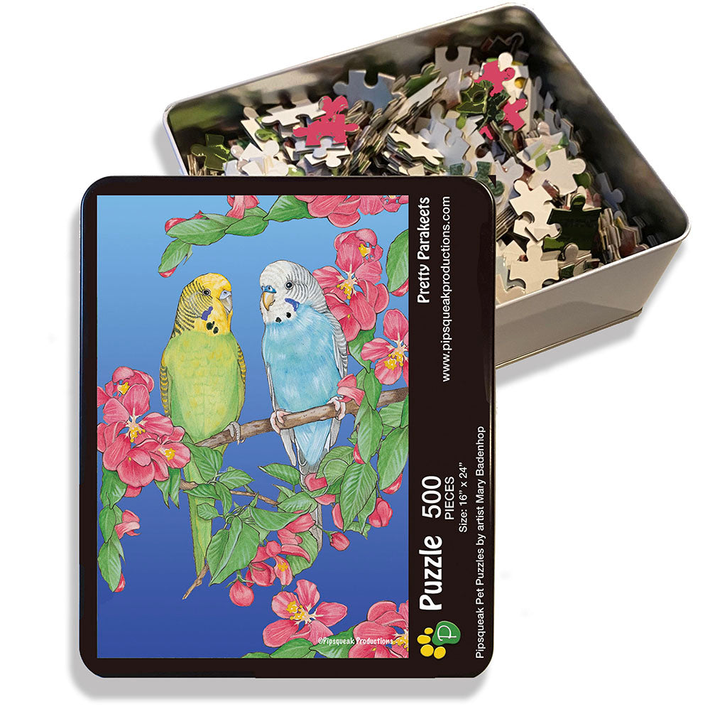 Parakeet Jigsaw Puzzle, 500-piece with reusable Tin, from painting by Mary Badenhop, Art Puzzle, Cute Gifts for Parrot Lovers - Pipsqueakproductions