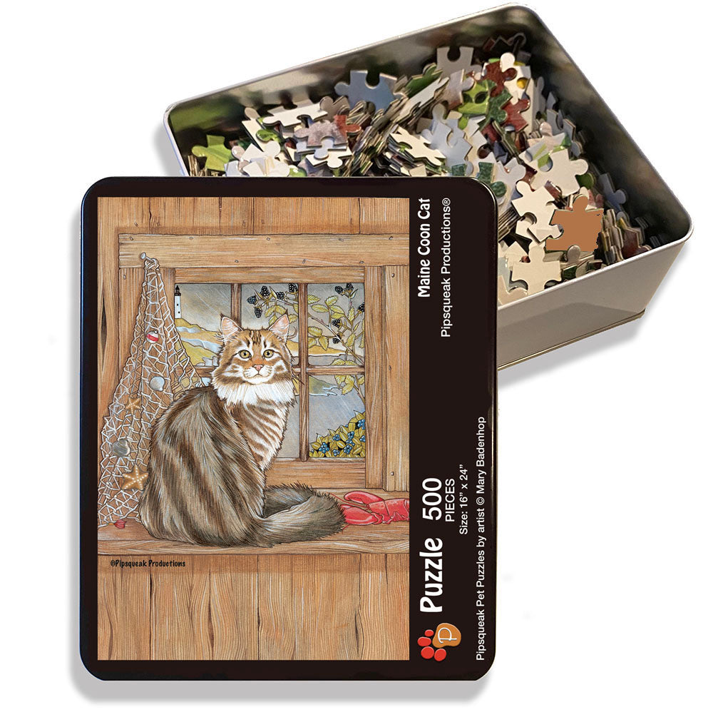 Maine Coon Cat Jigsaw Puzzle, 500-piece with reusable Tin, from painting by Mary Badenhop, Art Puzzle, Cute Gifts for Dog Lovers - Pipsqueakproductions