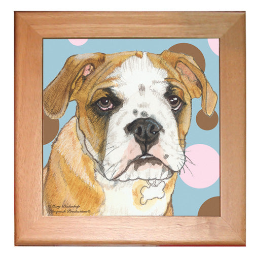 Bulldog Dog Kitchen Ceramic Trivet Framed in Pine 8" x 8" - Pipsqueakproductions