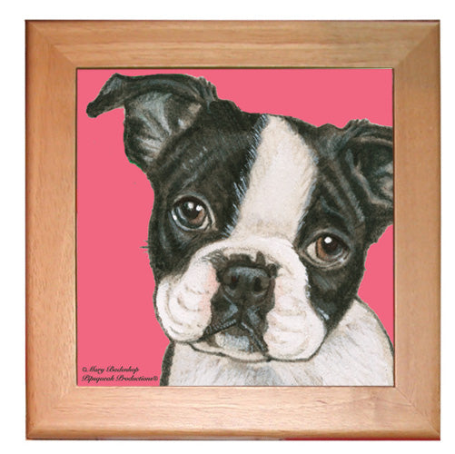 Boston Terrier Dog Kitchen Ceramic Trivet Framed in Pine 8" x 8" - Pipsqueakproductions