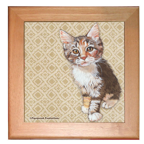 Cat Kitchen Ceramic Trivet Framed in Pine 8" x 8" - Pipsqueakproductions