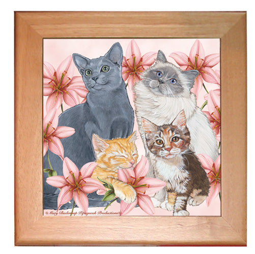 Cat Kitchen Ceramic Trivet Framed in Pine 8" x 8" - Pipsqueakproductions