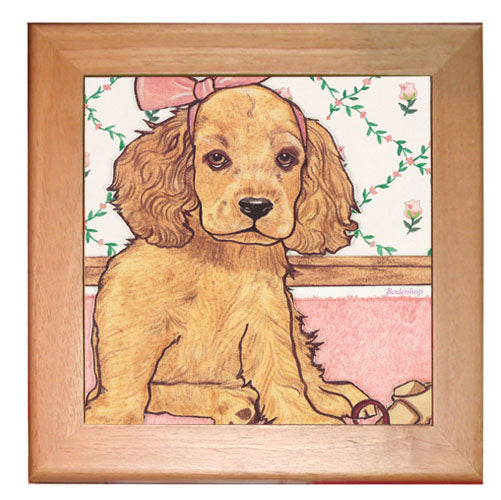 English Cocker Dog Kitchen Ceramic Trivet Framed in Pine 8" x 8" - Pipsqueakproductions