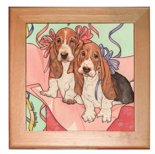 Basset Hound Dog Kitchen Ceramic Trivet Framed in Pine 8" x 8" - Pipsqueakproductions