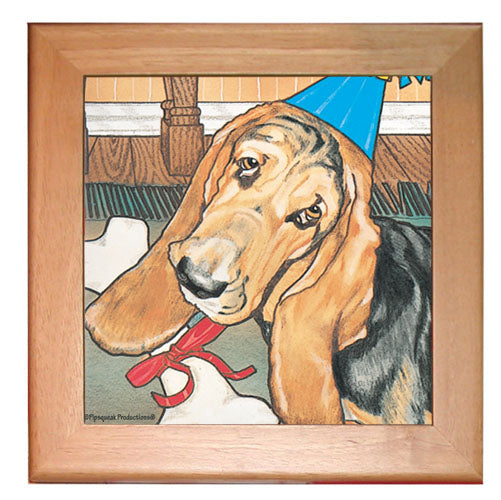 Basset Hound Dog Kitchen Ceramic Trivet Framed in Pine 8" x 8" - Pipsqueakproductions